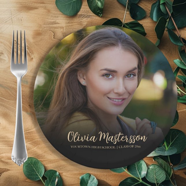 Prato De Papel Festa de formatura de Fotografias Dourada Moderna  (Graduation party photo paper plates.)