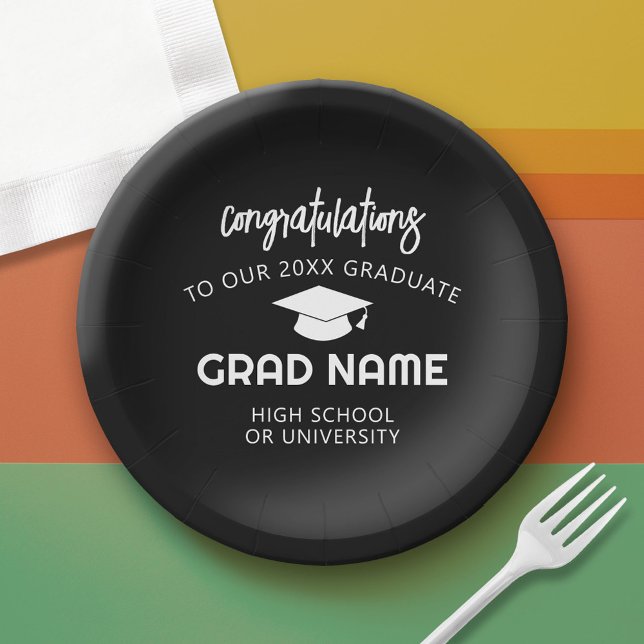 Prato De Papel Festa de formatura de script de tendência - Preto (Custom Graduation Paper Plate)