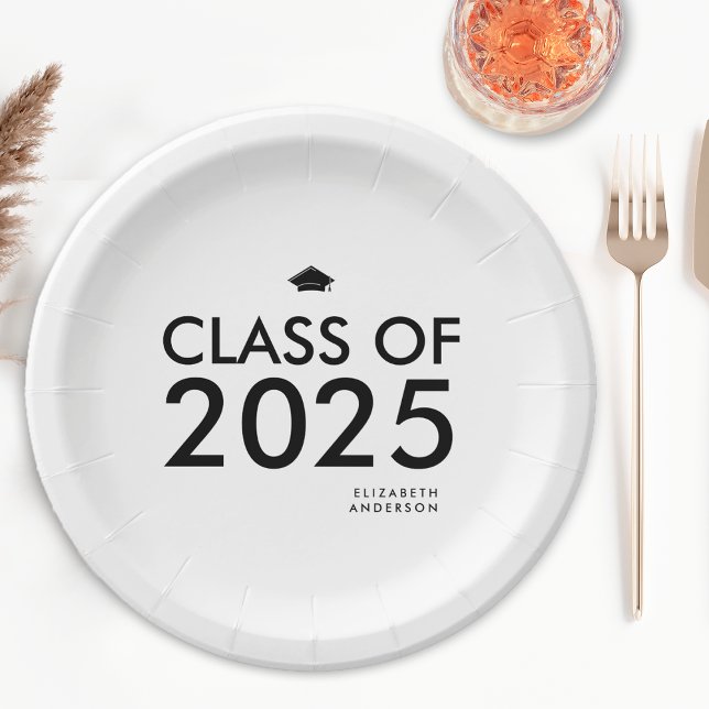 Prato De Papel Festa de formatura Personalizada Branca Preta Chic (Criador carregado)