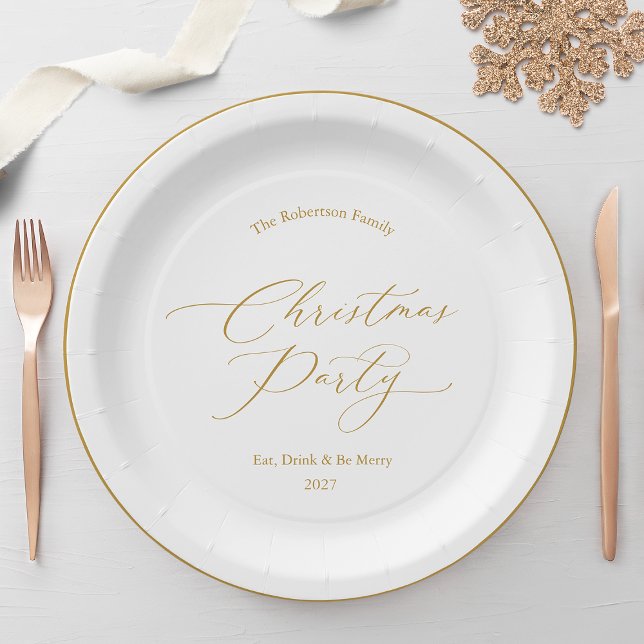 Prato De Papel Festa de Natal com Letra Dourada Elegante (Criador carregado)