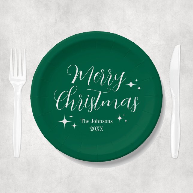 Prato De Papel Festa de Natal de Merry Personalizado Verde Elegan (Elegant Green Merry Christmas Party Paper Plates
)