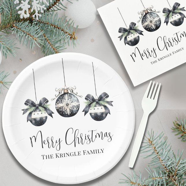 Prato De Papel Festa de Natal Negra Elegante (Elegant Black White Christmas Party Paper Plates)