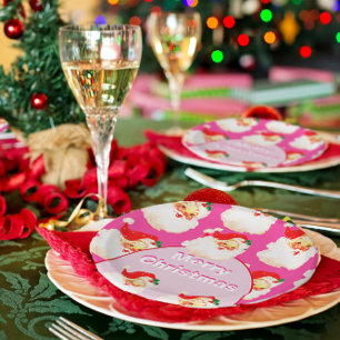 Prato De Papel Festa de Natal - Papai Noel Rosa