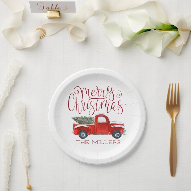 Prato De Papel Festa de Natal Personalizada com Caminhão Vermelho (Casamento)