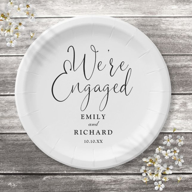 Prato De Papel Festa de Noivado Estamos Noivos Preto e Branco (We're Engaged Engagement Party Black And White Paper Plates)
