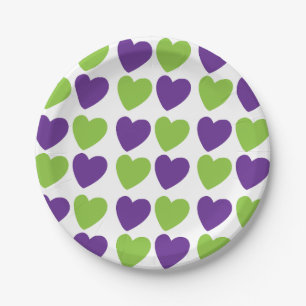 Prato De Papel Festa de Padrão de Corações de Amor Roxo Verde