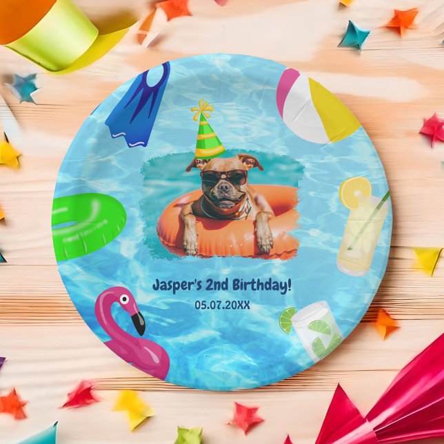 Prato De Papel Festa de Piscina de Cachorro Pawty Birthday (Puppy Pawty Birthday Dog Pool Party Paper Plates)