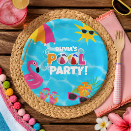 Prato De Papel Festa de Piscina Diversão de Verão Nome Personaliz