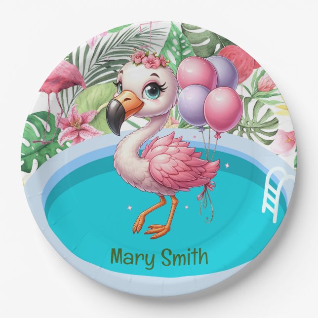 Prato De Papel Festa de Piscina Flamingo! (Frente)