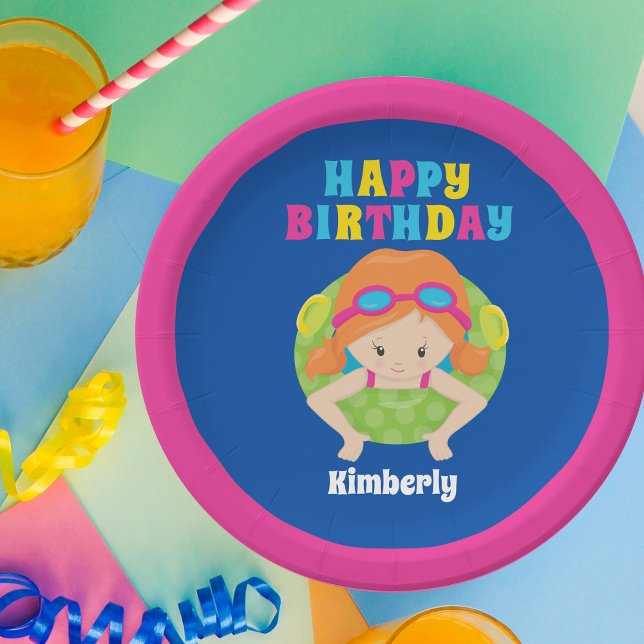 Prato De Papel Festa de Piscina Personalizada da Natação Vermelha (Criador carregado)