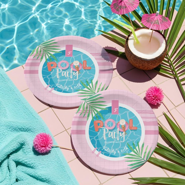 Prato De Papel Festa de Piscina Tropical Rosa e Azul (Fun Tropical Pink & Blue Summertime Pool Party Paper Plates)