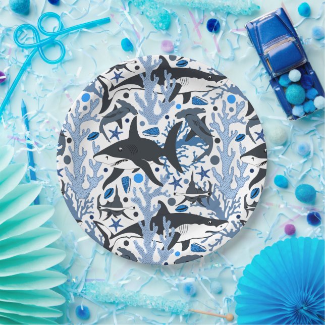 Prato De Papel Festa de praia com padrão de tubarões (Festa)