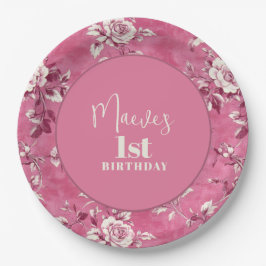 Prato De Papel Festa de primeiro aniversario de Chinoiserie Rosa 