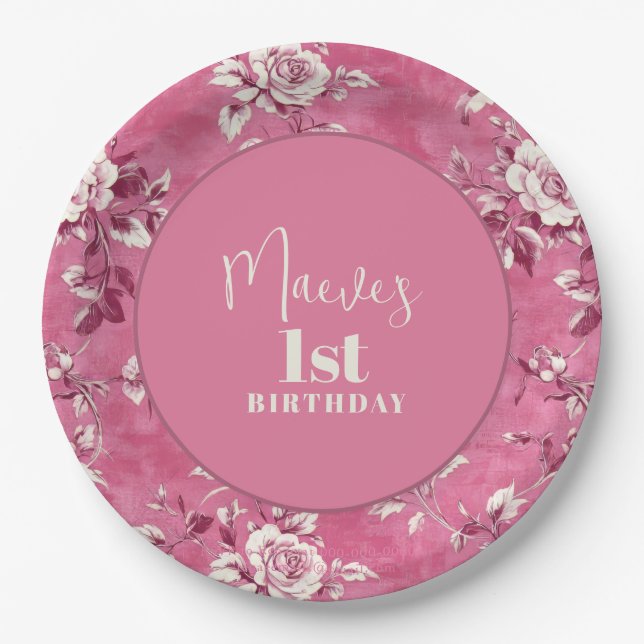 Prato De Papel Festa de primeiro aniversario de Chinoiserie Rosa  (Frente)