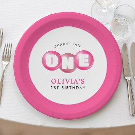 Prato De Papel Festa de primeiro aniversario de Menina Rosa-Rosa