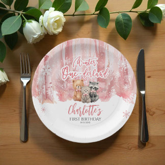 Prato De Papel Festa de Primeiro Aniversário Urso Rosa Onederland