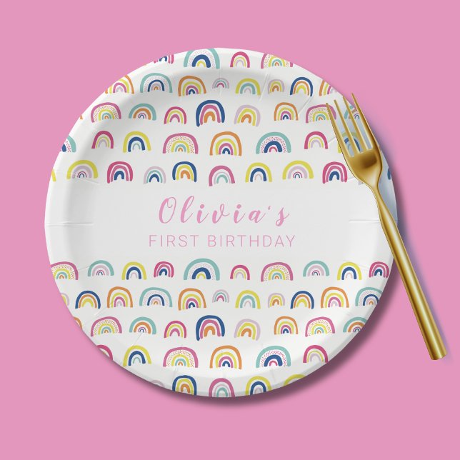 Prato De Papel Festa de um ano das Meninas Arco-íris (Rainbow first birthday paper plate)
