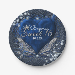 Prato De Papel Festa Denim & Diamonds Blue Heart Sweet 16