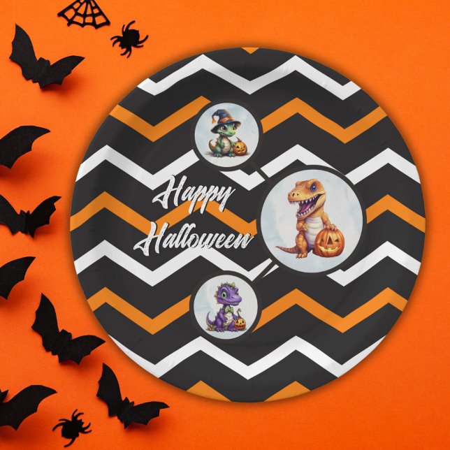 Prato De Papel Festa Dino-Mash do Dinossaur do Halloween (Halloween Dinosaur Circle Paper Plates in Orange and White Chevron Pattern)