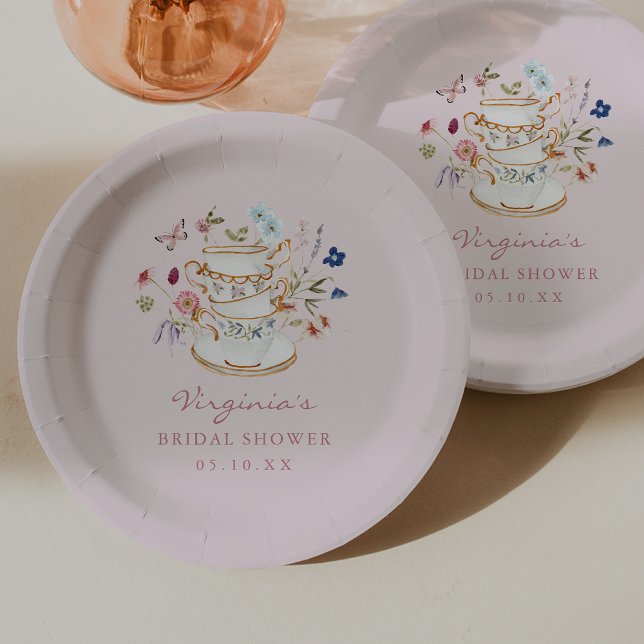Prato de Papel Festa do Chá Rosa (Pink Tea Party Paper Plates with Butterfly by Painted Paperie
)