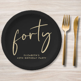 Prato De Papel Festa Dourada de aniversário de 40 anos Chic Black