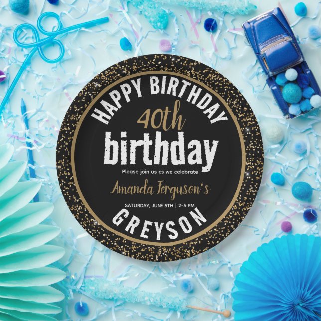 Prato De Papel Festa Elegante de aniversário de 40 anos Preto e D (Festa)