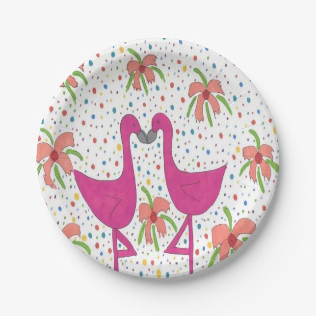 Prato De Papel Festa floral do flamingo (Frente)