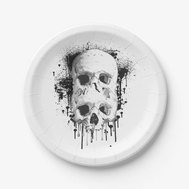 Prato De Papel Festa Gráfica com Tinta Preta Skull Drip (Frente)