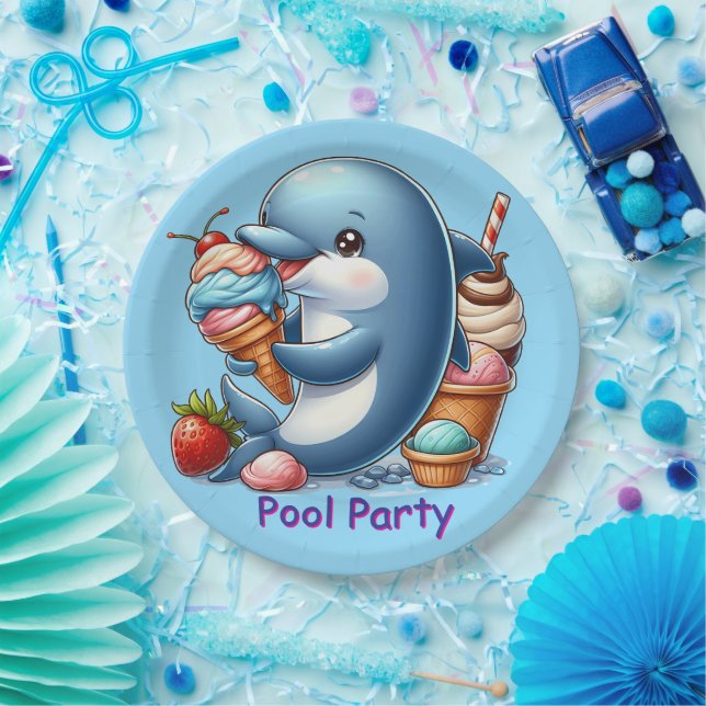 Prato De Papel Festa na Piscina com Golfinhos (Festa)