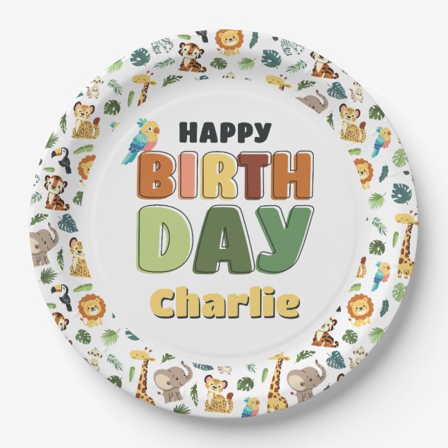 Prato De Papel Festa no Zoo Safari Animal Feliz Aniversário (Frente)