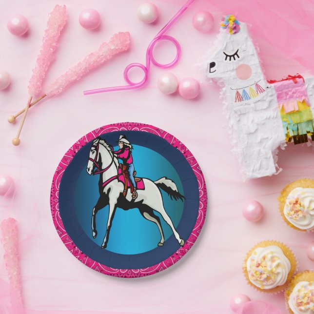 Prato De Papel Festa Ocidental Cowgirl Andando Cavalo Rosa Bandan (Festa)