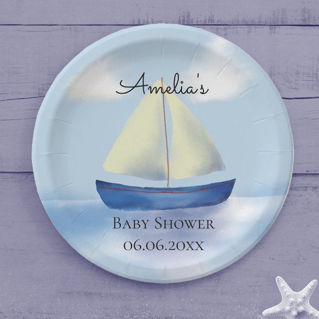 Prato De Papel Festa Personalizada de Bebê Barco à Vela Azul (Criador carregado)