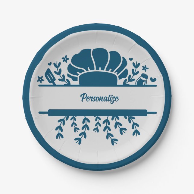 Prato De Papel Festa personalizada de Cinza azul do Chef (Frente)