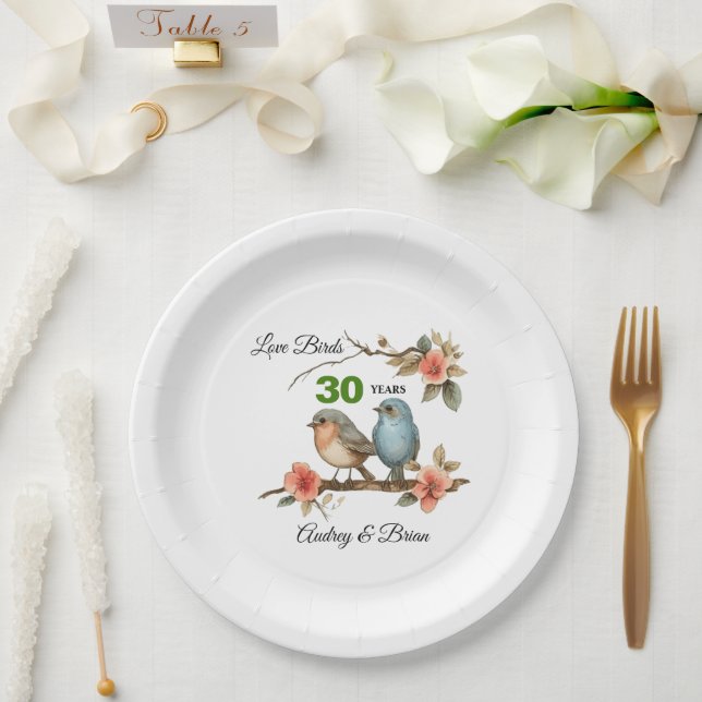 Prato De Papel Festa Personalizada de Pérolas de 30º Aniversário (Casamento)