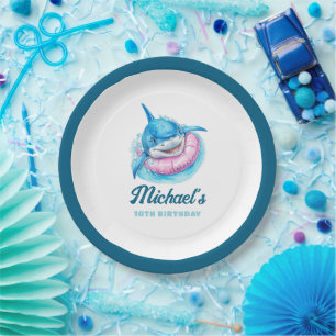 Prato De Papel Festa Personalizada de Tubarão na Piscina