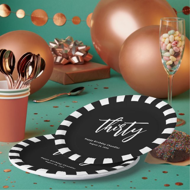 Prato De Papel Festa simples de aniversário de 30 anos preto e br (Múltiplo)