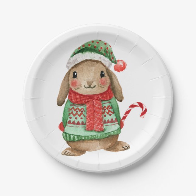 Prato De Papel Festive christmas bunny with candy cane (Frente)