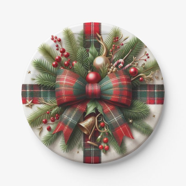 Prato De Papel Festive Christmas Red Tartan Bow & Pine  (Frente)