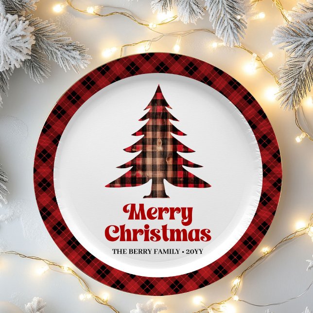 Prato De Papel Festive Plaid Christmas Tree Custom Name Paper  (Festive Plaid Christmas Tree Custom Name Paper Plates)
