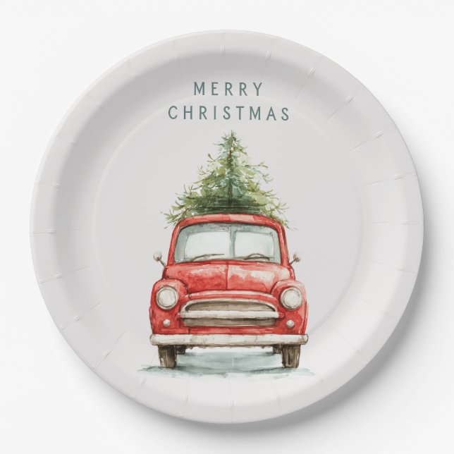 Prato De Papel Festive Red Car with Christmas Tree Paper Plates (Frente)