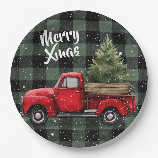 Prato De Papel Festive Red Truck with Christmas Tree Paper Plates (Frente)