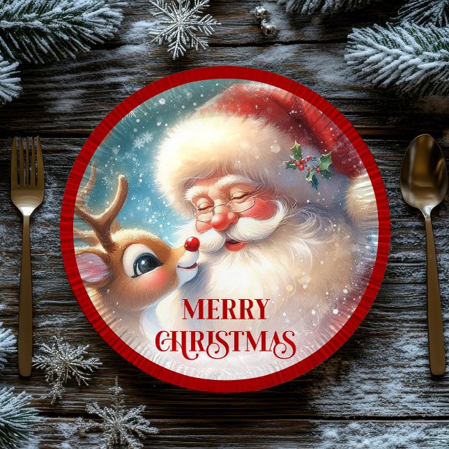 Prato De Papel Festive Rudolph Red Nose Funny Christmas Plates (Cute Santa and Rudolph Cartoon Christmas Paper Plates)