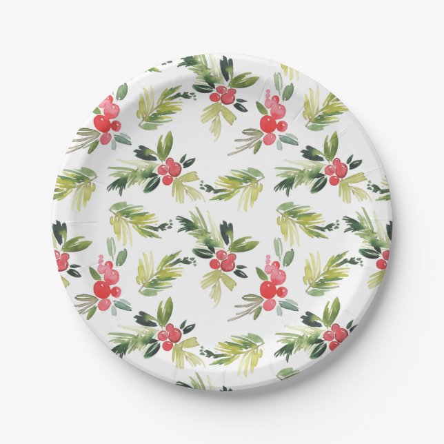 Prato De Papel Festive Watercolor Holly Patterno Natal (Frente)