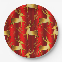 Prato De Papel Festivo Dourado e Red Reindeer Natal