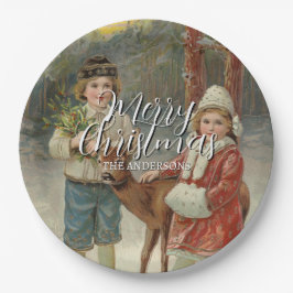 Prato De Papel Festivo Feliz Natal Crianças de inverno