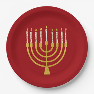 Prato De Papel Festivo Menorah Hanukkah Celestial Candle Ruby Red