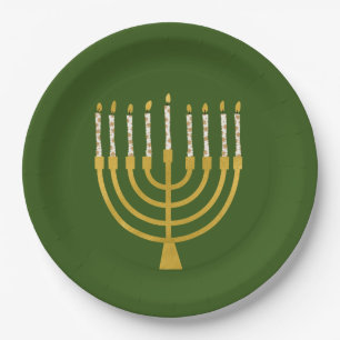 Prato De Papel Festivo Menorah Hanukkah Celestial Velas Verdes