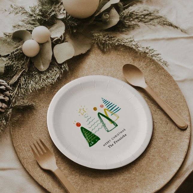 Prato De Papel Festivo Moderno Aquarela Feriado de Natal (Festive watercolor Christmas trees personalized holiday party paper plates.)