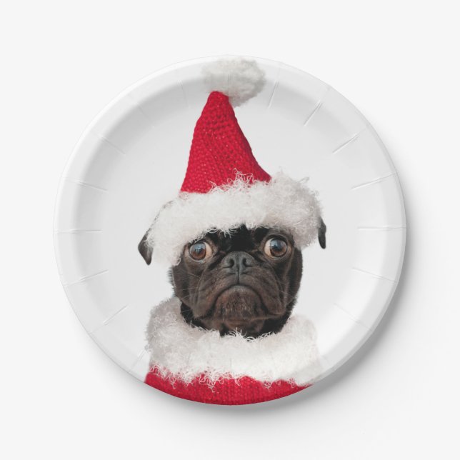 Prato De Papel Festivo Natal bonito Preto Pug Santa Hat (Frente)