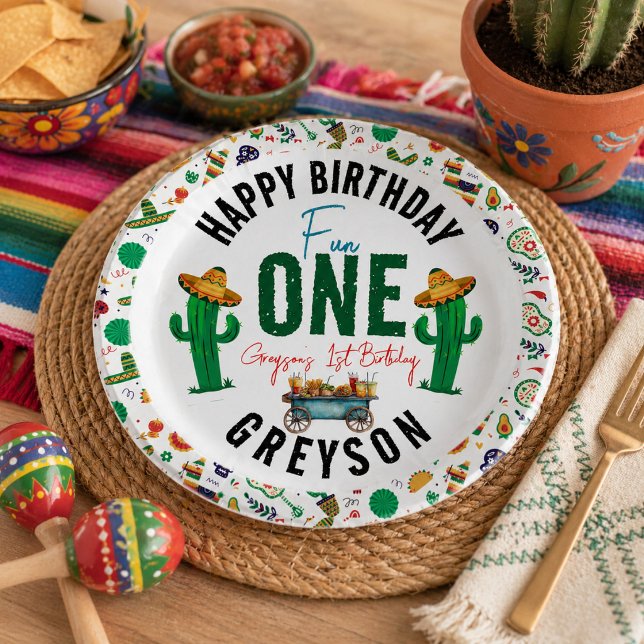 Prato De Papel Fiesta First | Festa de 1º Aniversário (Fiesta First | 1st Birthday Party Paper Plates)